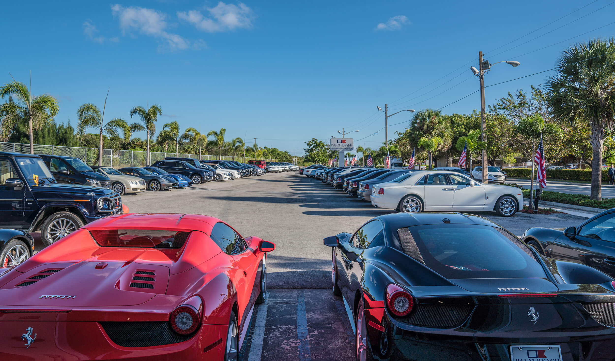 Exterior image of Palm Beach Auto Group dealership: long line of cars and business sign.