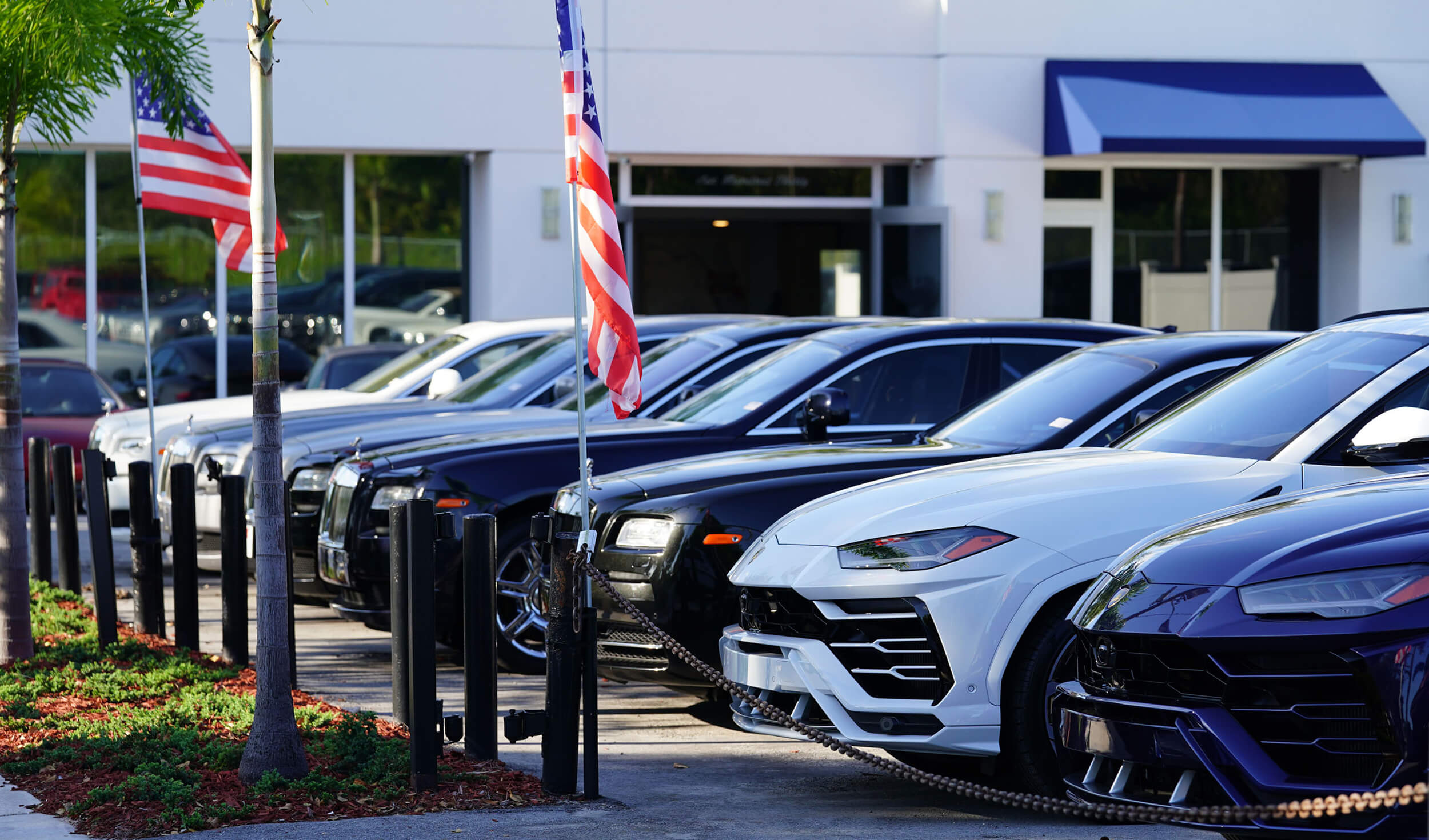 Exterior image of Palm Beach Auto Group dealership: flags, cars, front of the store.